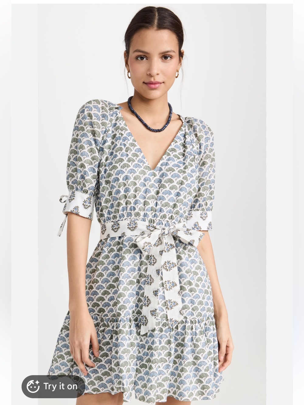 V-Neck Blue and White Printed Tie-Waist Mini Dress